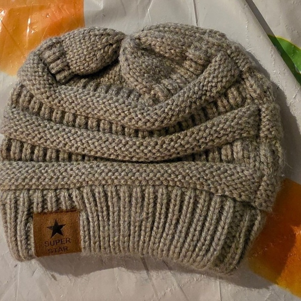 Super Star Baby Beanie Gray Knit Winter Hat Ribbed Cable Knit Infant Accessory